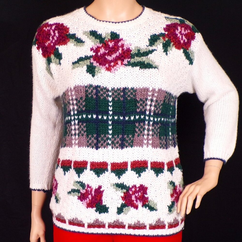 SHENANIGANS size S (?) hand-knitted pullover sweater white + multicolor floral
